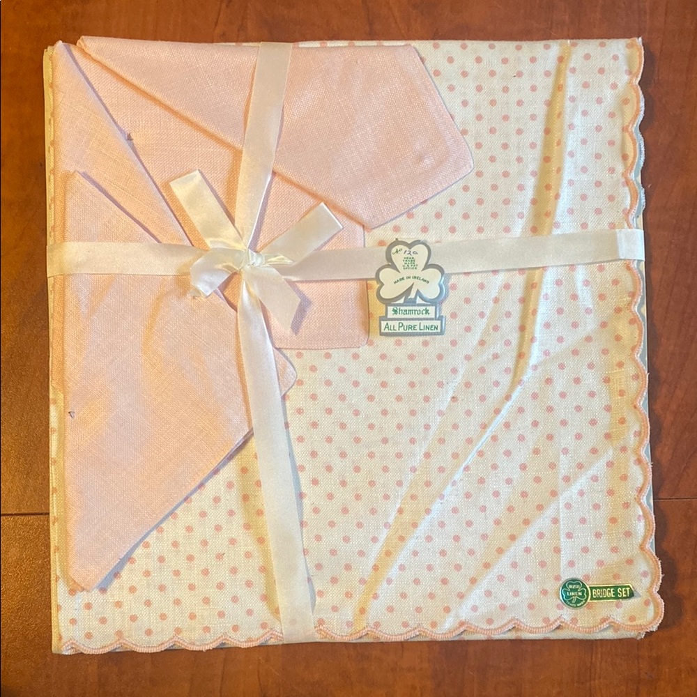 Vintage All Pure Linen Pink Polka Dot Table Cloth Set